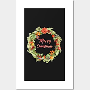 Merry Christmas Wreath Watercolor Posters and Art